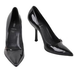MIU MIU Black Patent Leather HEELS Classic PUMPS Shoes w/ Metal BOW Detail 39 9