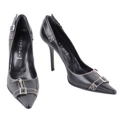 CASADEI Italian Black Leather CLASSIC PUMPS Heels SHOES w/ Zip & Buckles 39