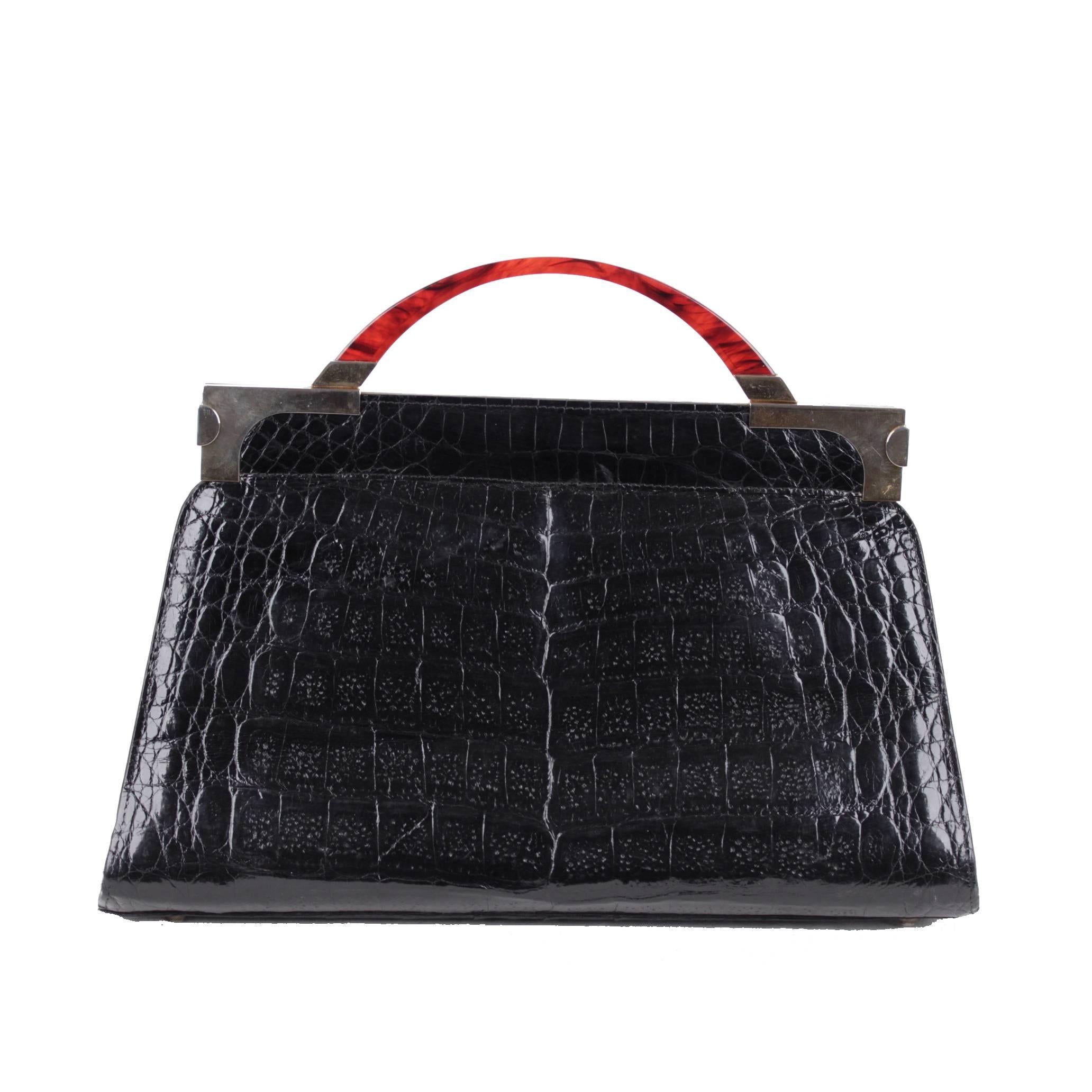 VINTAGE Italian Black CROCODILE Leather HANDBAG w/ LUCITE Handle