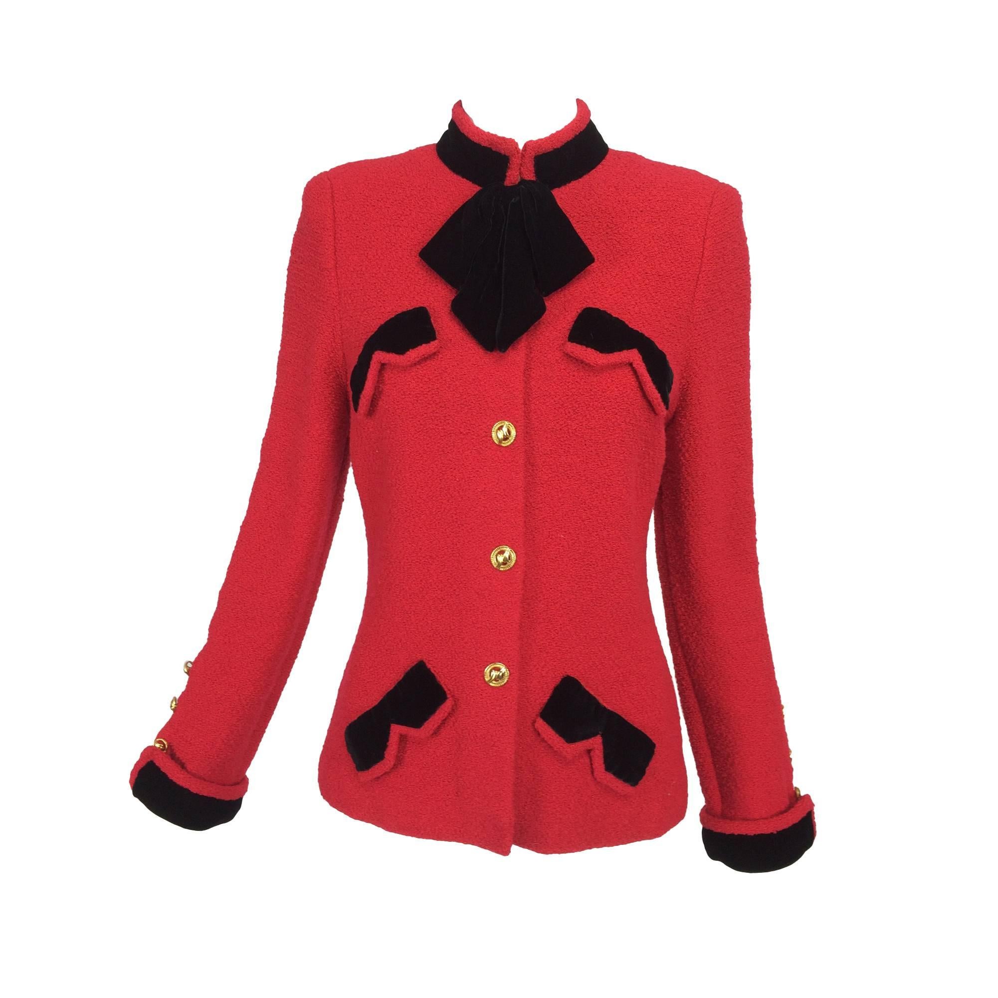 Adolfo red boucle jacket with black velvet trims 1970s