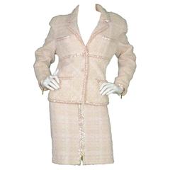 Chanel Claudia Schiffer Vintage '95 Beige & Pink Tweed Skirt Suit sz 46
