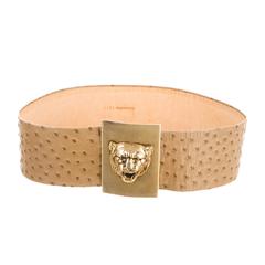 Christian Dior Brown Ostrich Leather Gold Tone Lion Head Waist Belt