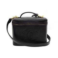 Retro Chanel Black Caviar Leather Gold HW Travel Cosmetic Vanity Case Shoulder Bag