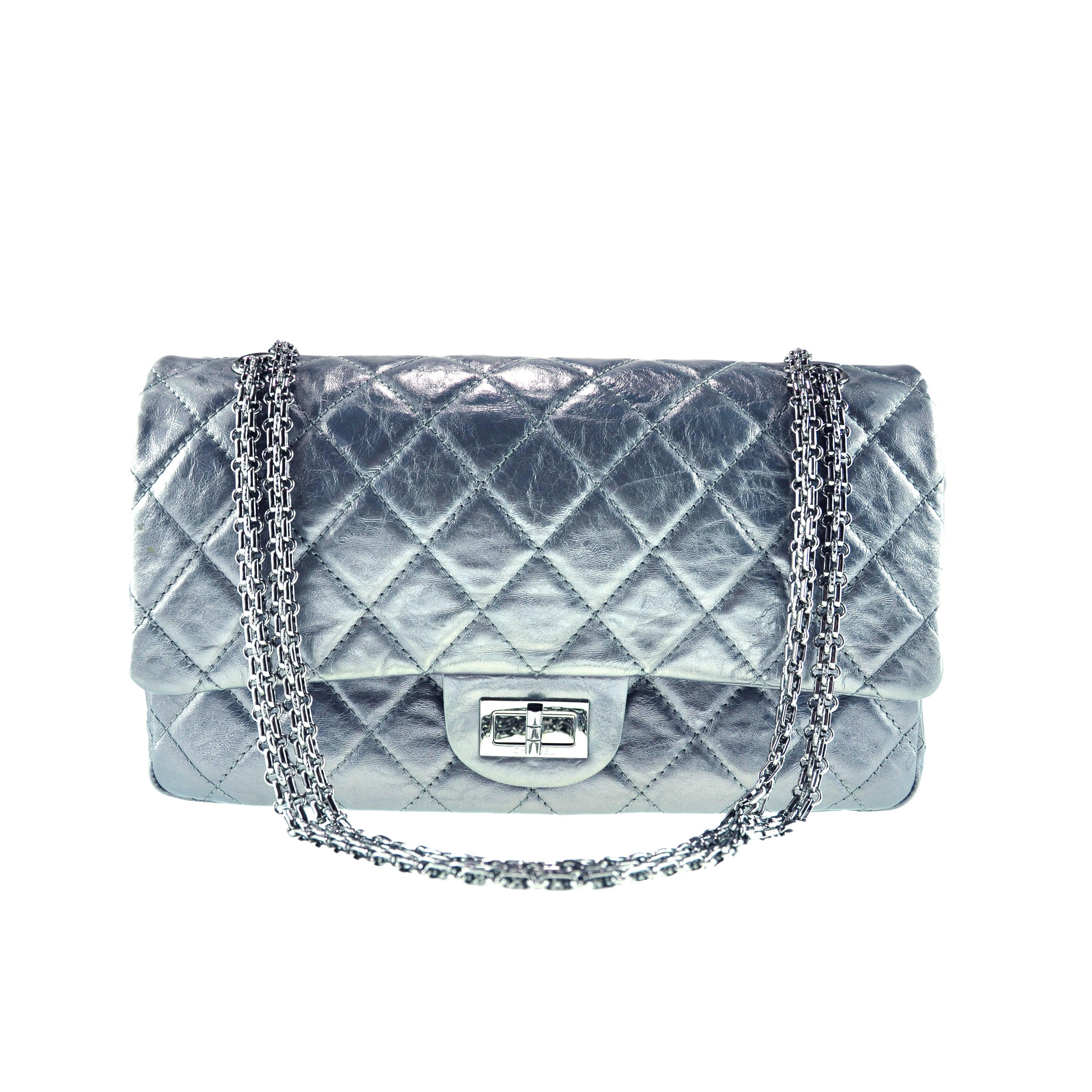 Chanel 2.55 Re-issue Metallic Silver Grey Jumbo Double Flap Leather Bag