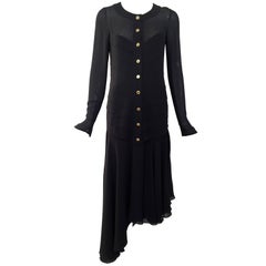 1980s Chanel Black Silk Dress with Asymmetrical Hem