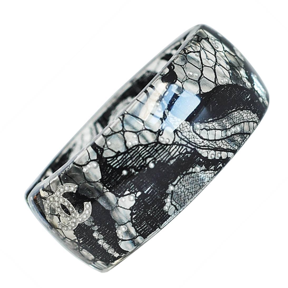 Chanel Lucite Cuff Bracelet with Lace Fabric and Pearls For Sale