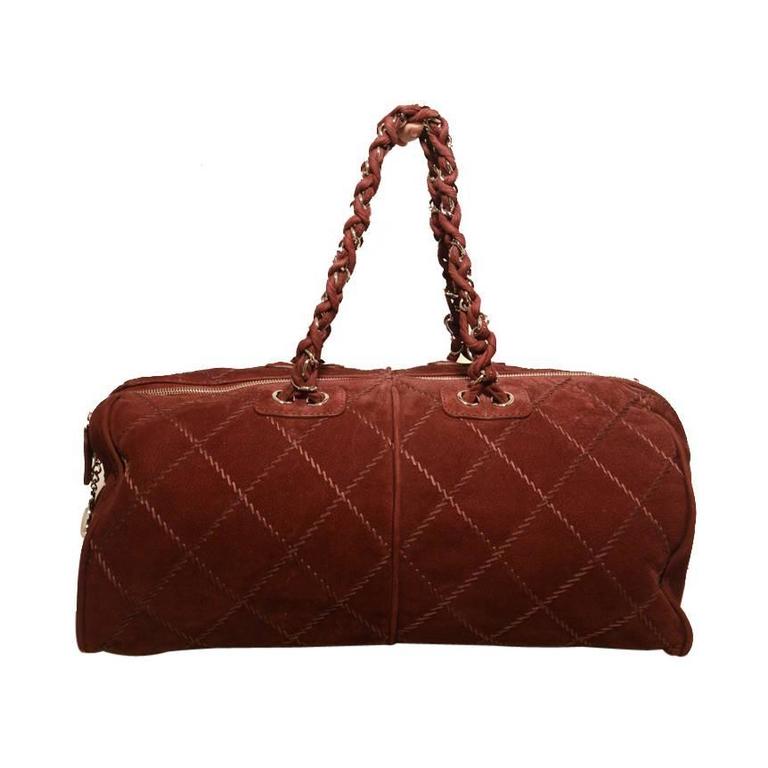 Chanel Maroon Suede Quilted Leather Duffel Tote Bag For Sale at 1stDibs
