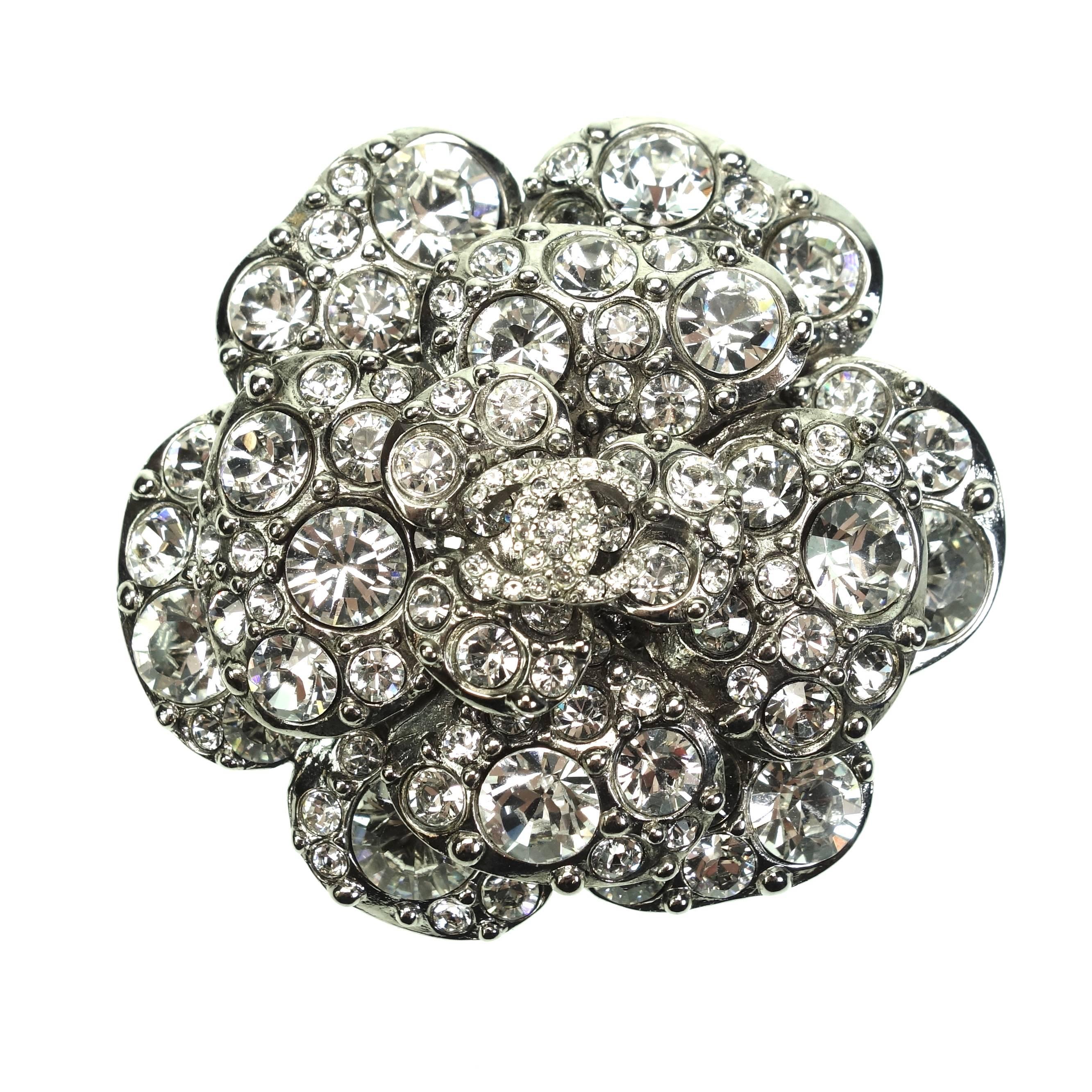 Chanel Camellia Crystal Pin CC Silver Brooch Large