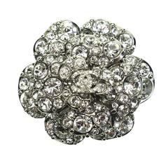 Chanel Camellia Crystal Pin CC Silver Brooch Large