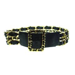 CHANEL Vintage RARE Black Gold Leather Woven Chain Link Belt Size 80