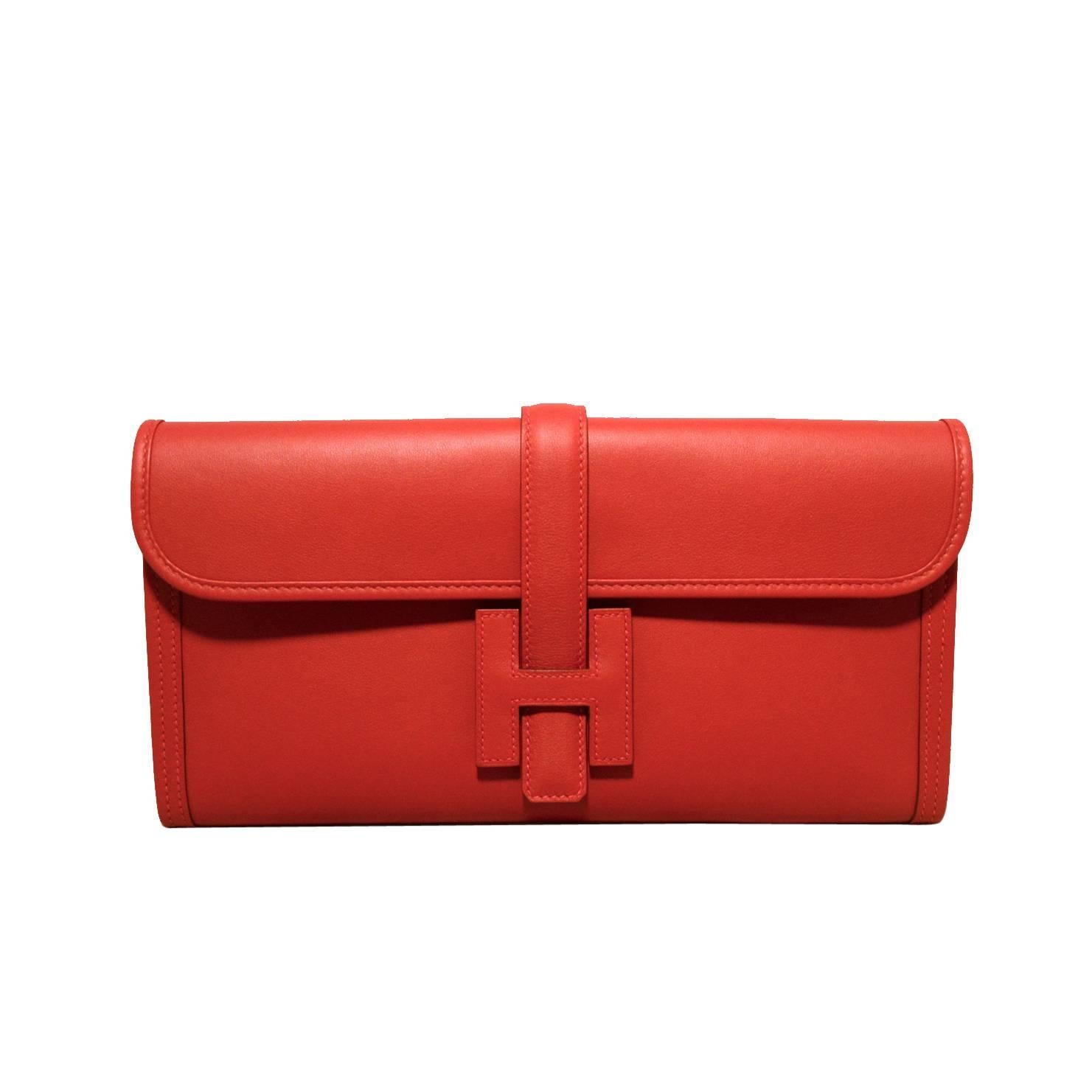 Stunning Hermes Red Jige Swift Leather Clutch