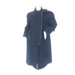 Pauline Trigere Unique Black Wool Winter Coat with Built in Scarf ca 1970s 1