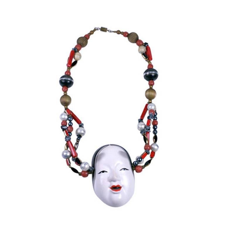 Unusual French Noh Mask Necklace For Sale