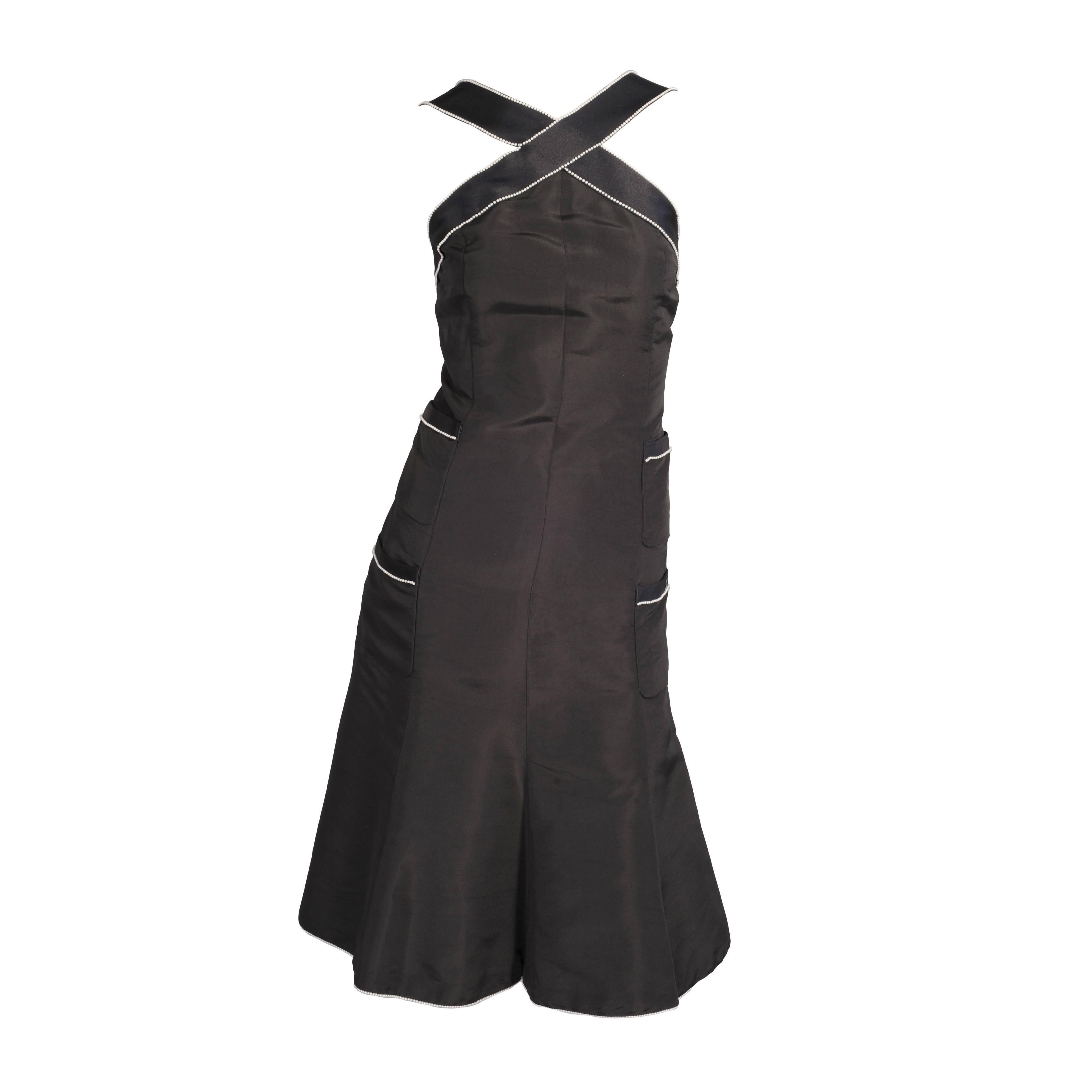 Chanel Black Silk Dress with Pearl Trim