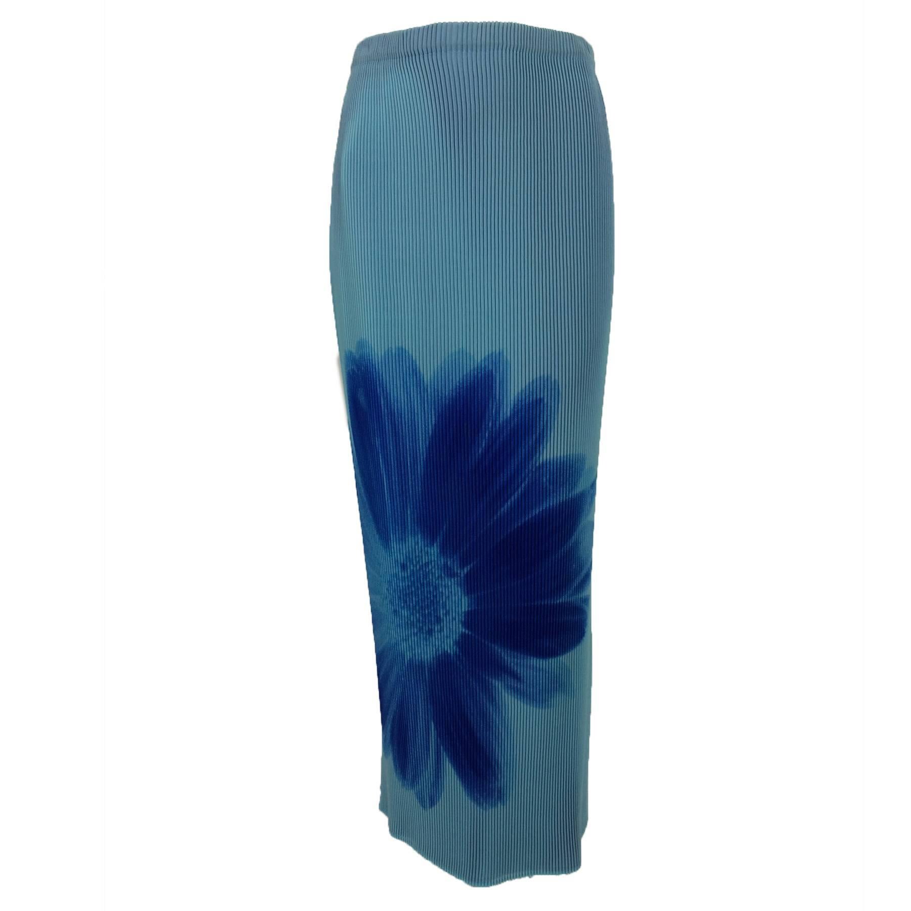 Issey Miyake layered blue pleated maxi skirt with daises