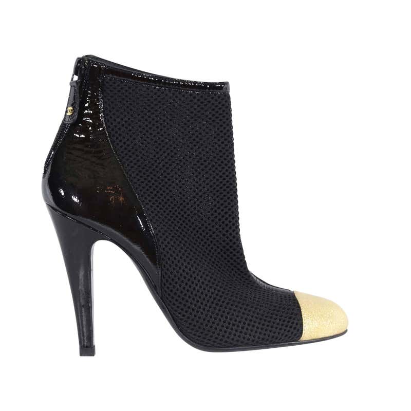 Chanel Black Patent Leather Ankle Boot With Gold Toe at 1stDibs ...