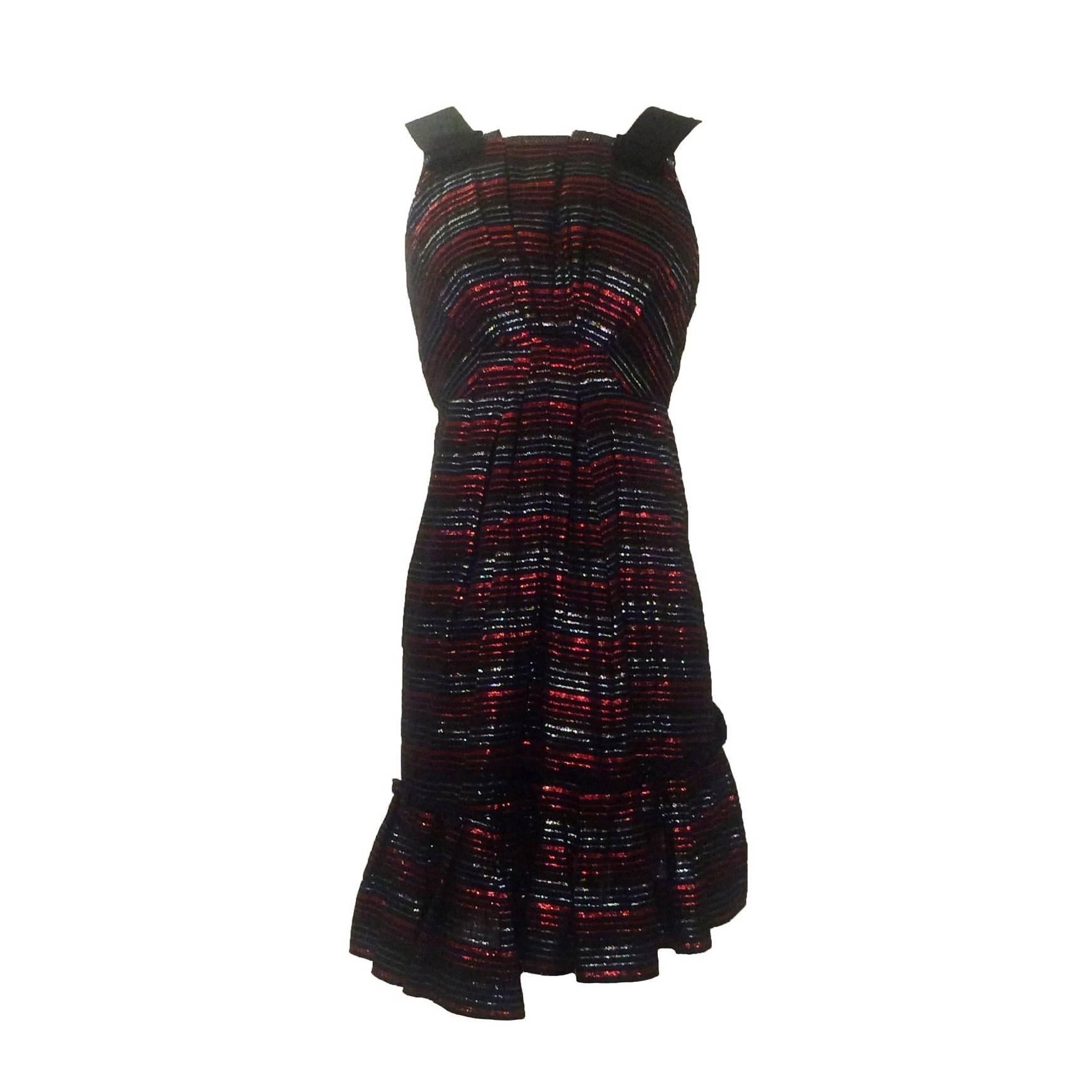 Marc Jacobs Red and Gold Metallic Stripe Black Linen Party Dress Holiday