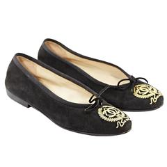Chanel Black & Gold Suede Emblem Flat Shoes