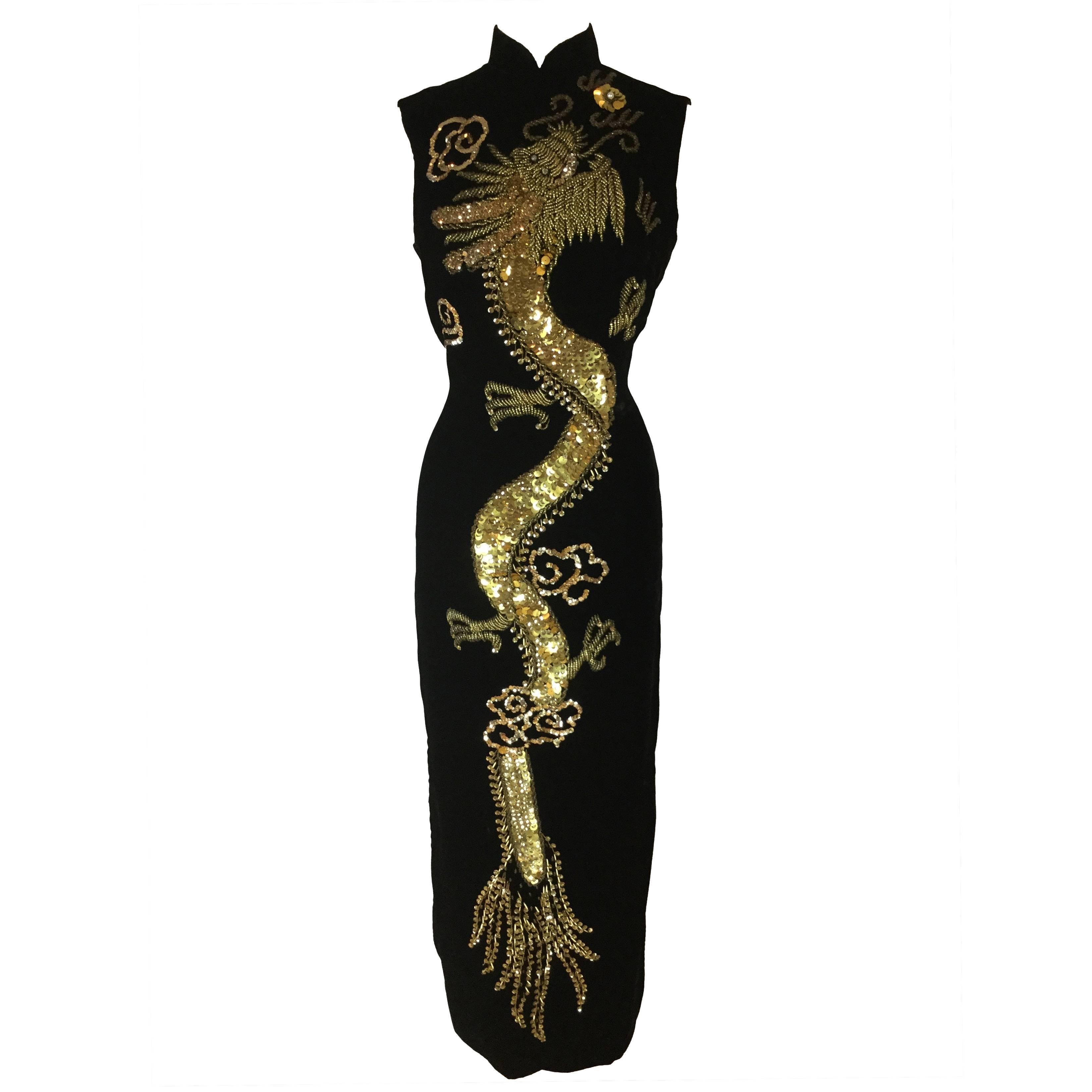 Red Carpet Worthy 1950's Couture Chinese Dragon Sheath Dress.
