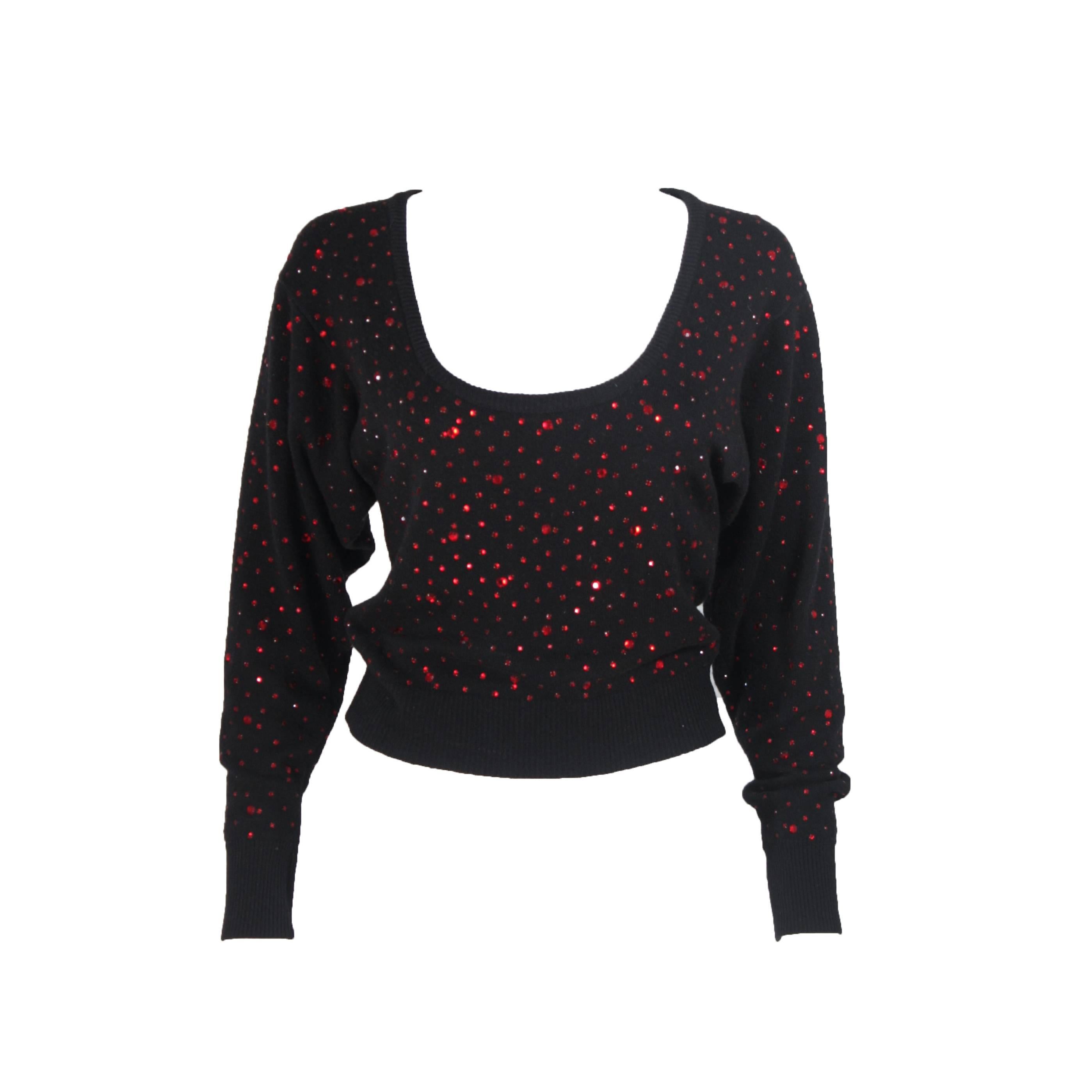 NEIMAN MARCUS Black Wool Knit Sweater with Red Rhinestone Applique Size M/L For Sale