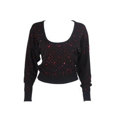 NEIMAN MARCUS Black Wool Knit Sweater with Red Rhinestone Applique Size M/L