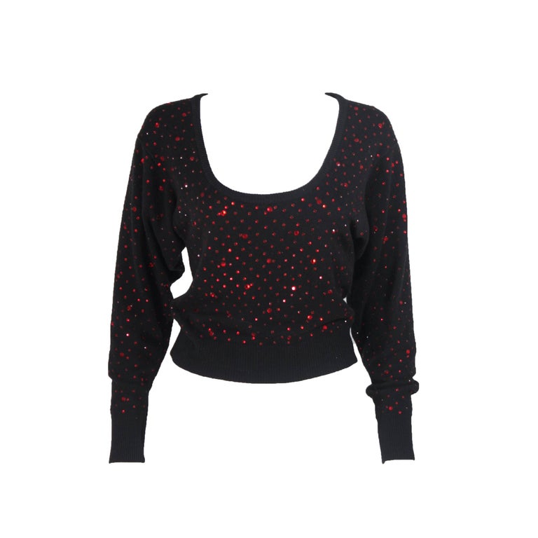 NEIMAN MARCUS Black Wool Knit Sweater with Red Rhinestone Applique Size ...