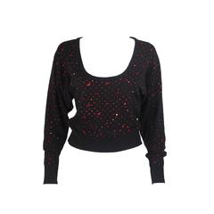 NEIMAN MARCUS Black Wool Knit Sweater with Red Rhinestone Applique Size M/L 8