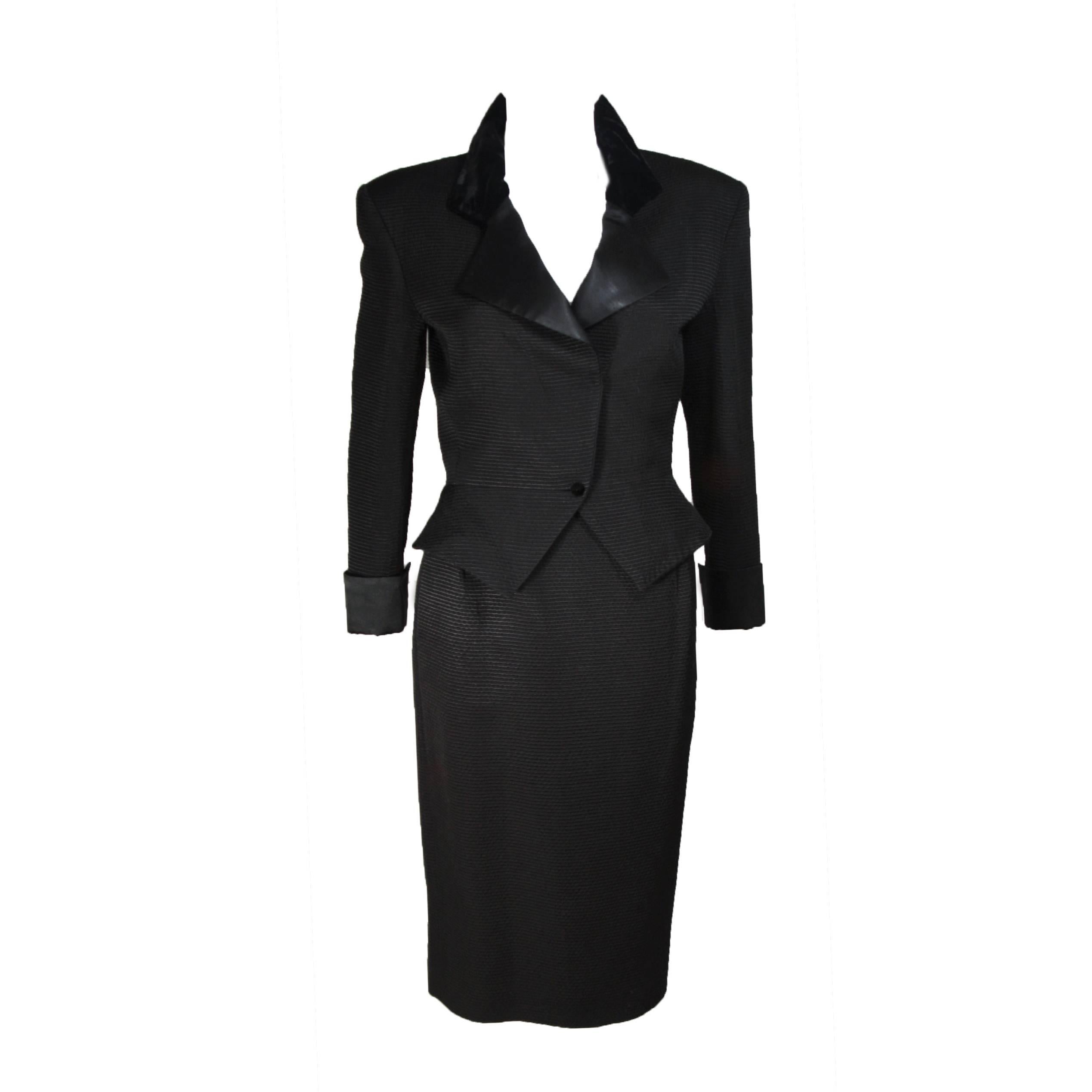 CARVEN BOUTIQUE Black Pintuck Skirt Suit with Velvet and Satin Trim Size 4-6 For Sale