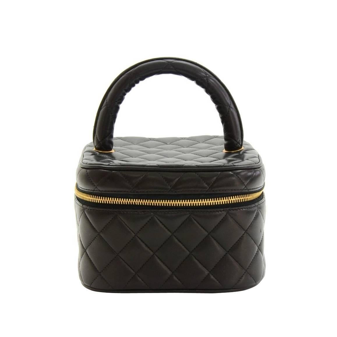 Chanel Black Lambskin Quilted Travel Vanity Cosmetic Case Bag