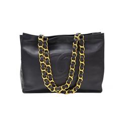 Vintage Chanel Black Lambskin Leather Gold Chain XL Shoulder Bag Shopper Tote Bag