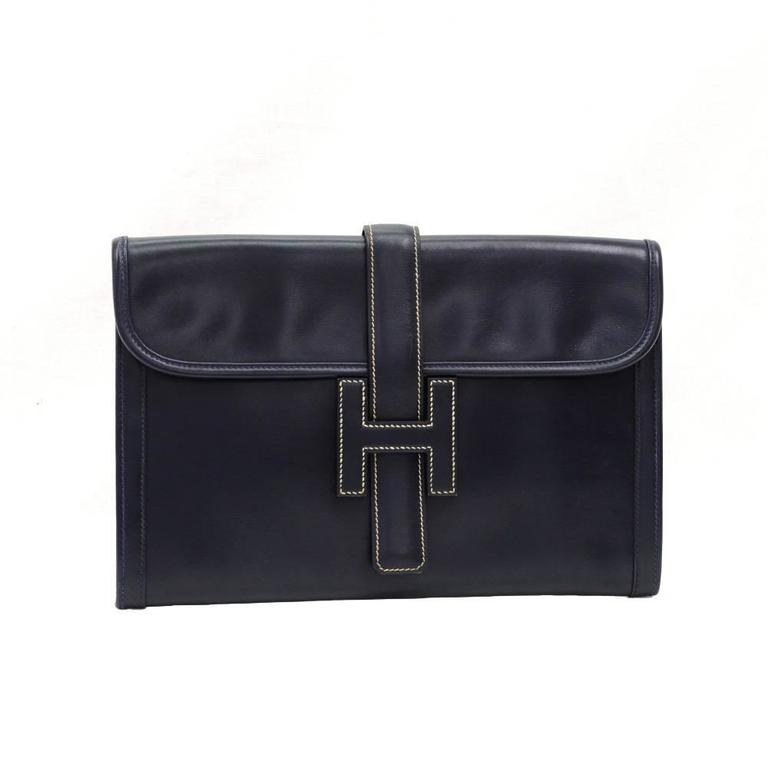 Hermes Navy Blue Leather Flap 'H' Jige Clutch Bag at 1stDibs