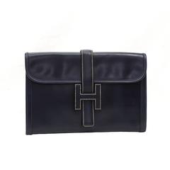 Vintage Hermes Navy Blue Leather Flap 'H' Jige Clutch Bag