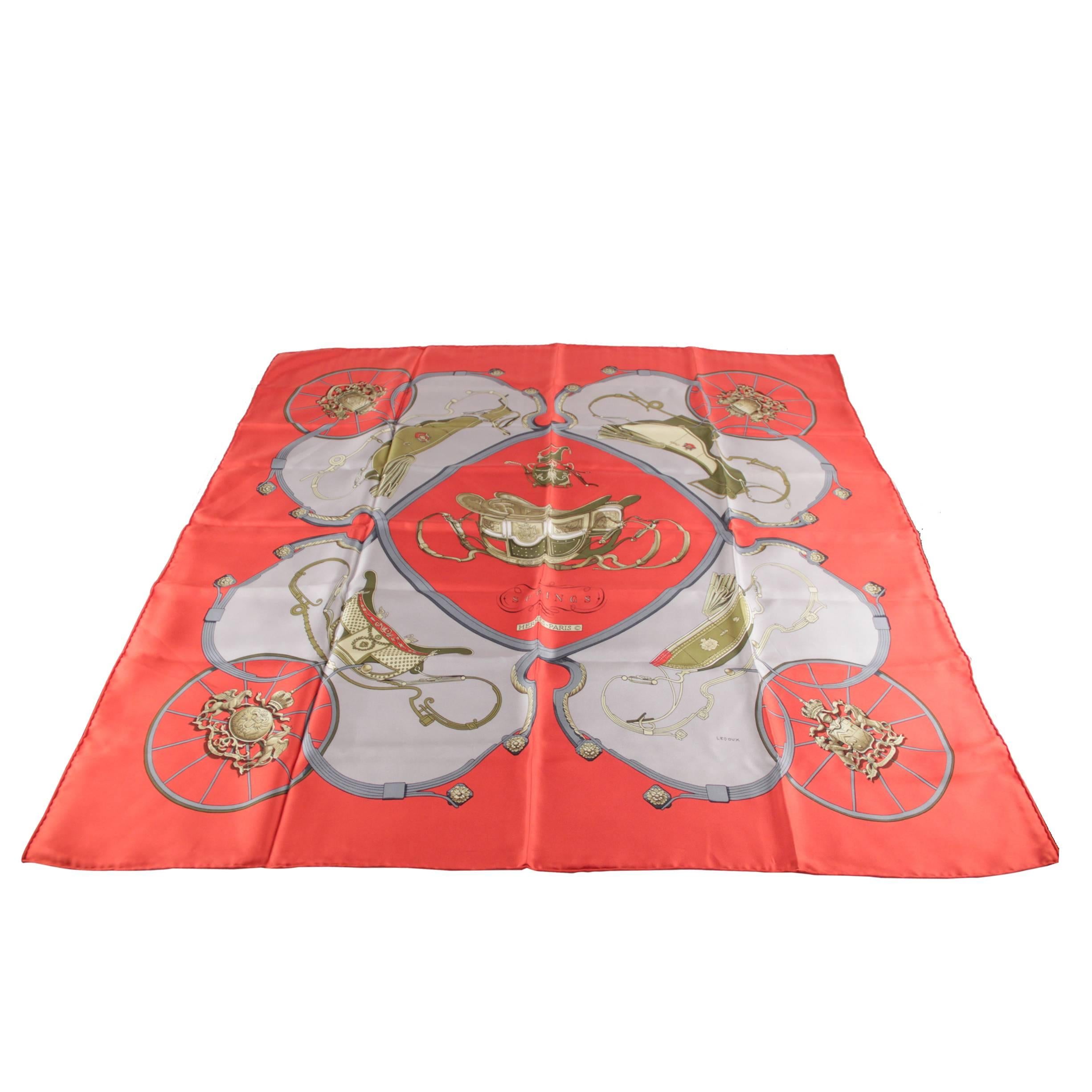 HERMES PARIS Vintage Red Silk SCARF Philippe Ledoux SPRINGS 1974 w/BOX