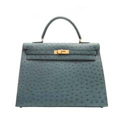 Vintage Hermes 35cm Blue Jean Ostrich Kelly Bag