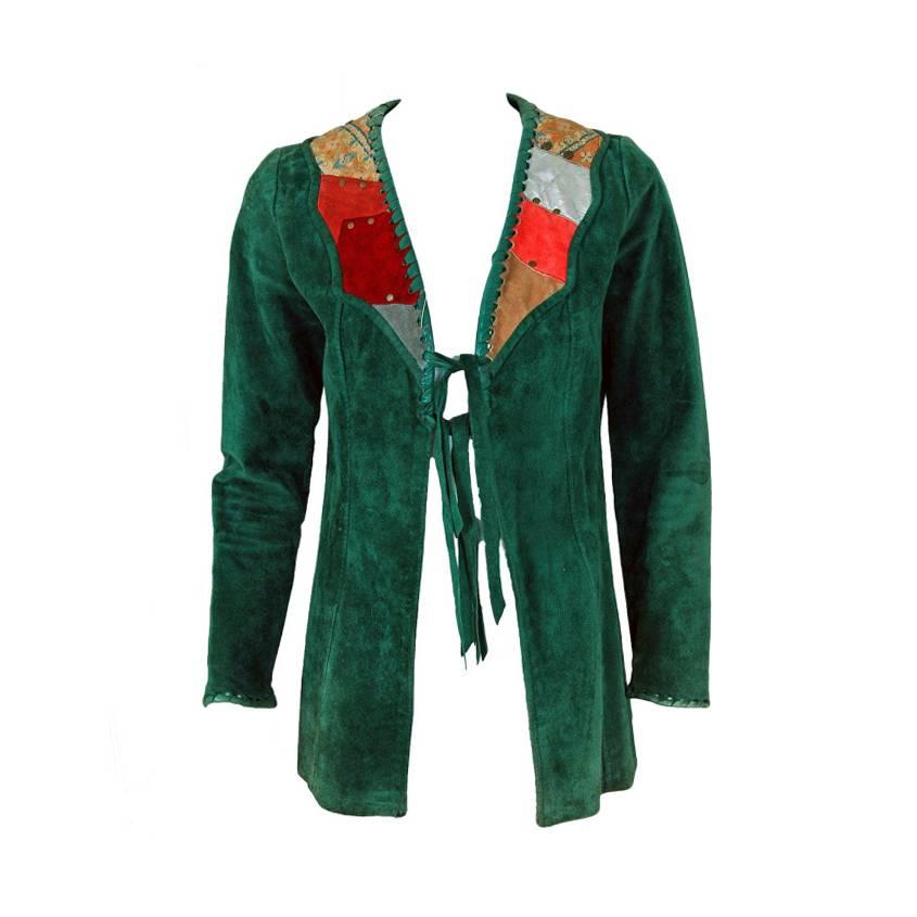 1970's Gorgeous Green Suede Leather Patchwork Studded Bohemian Hippie Jacket