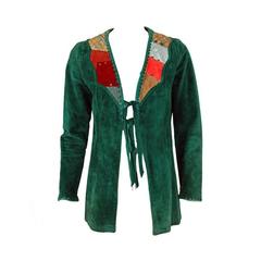 Vintage 1970's Gorgeous Green Suede Leather Patchwork Studded Bohemian Hippie Jacket