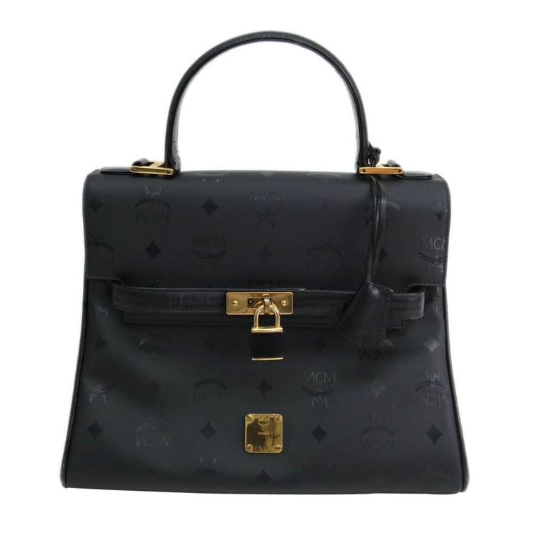 MCM Black Monogram Gold Hardware Box Kelly Top Handle Satchel Bag