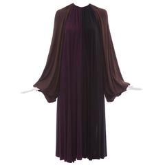 James Galanos Swing Dress Chocolate Brown Bishop Sleeves, Circa 1970's