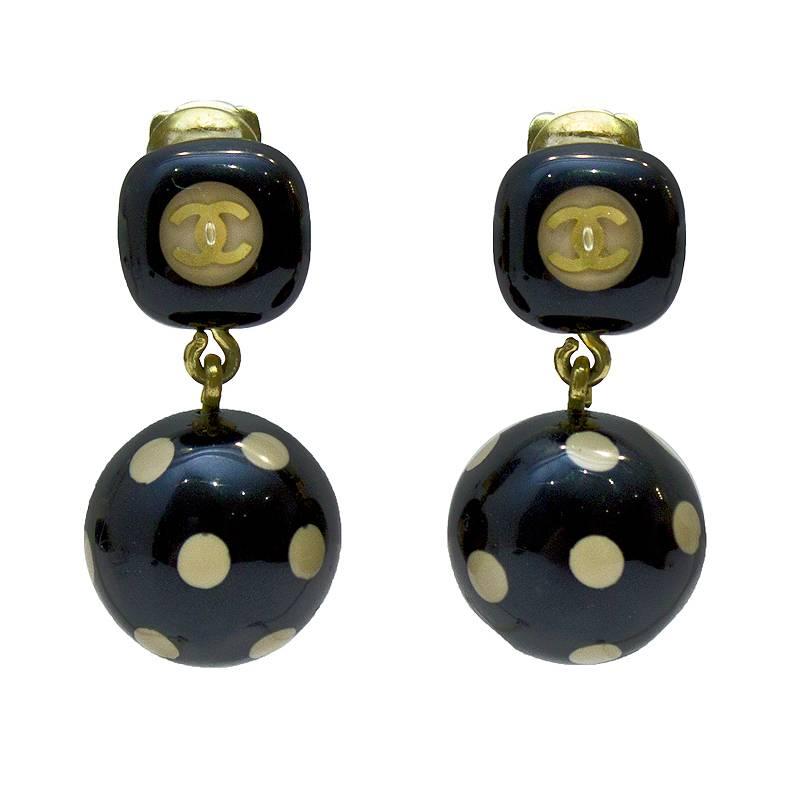 2000's Chanel Polka Dot Drop Earrings 