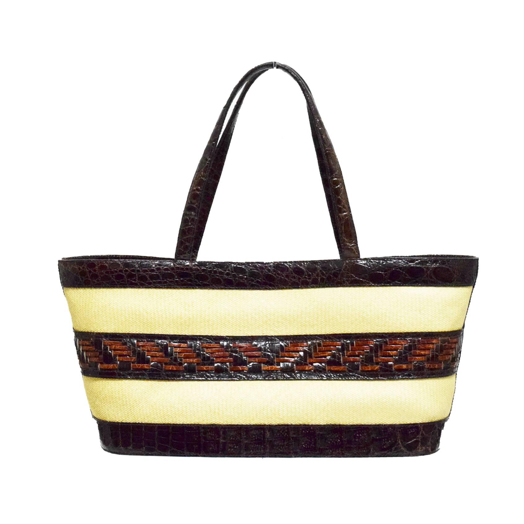 Nancy Gonzalez Straw and Black Croc Basket Weave Medium Tote  For Sale