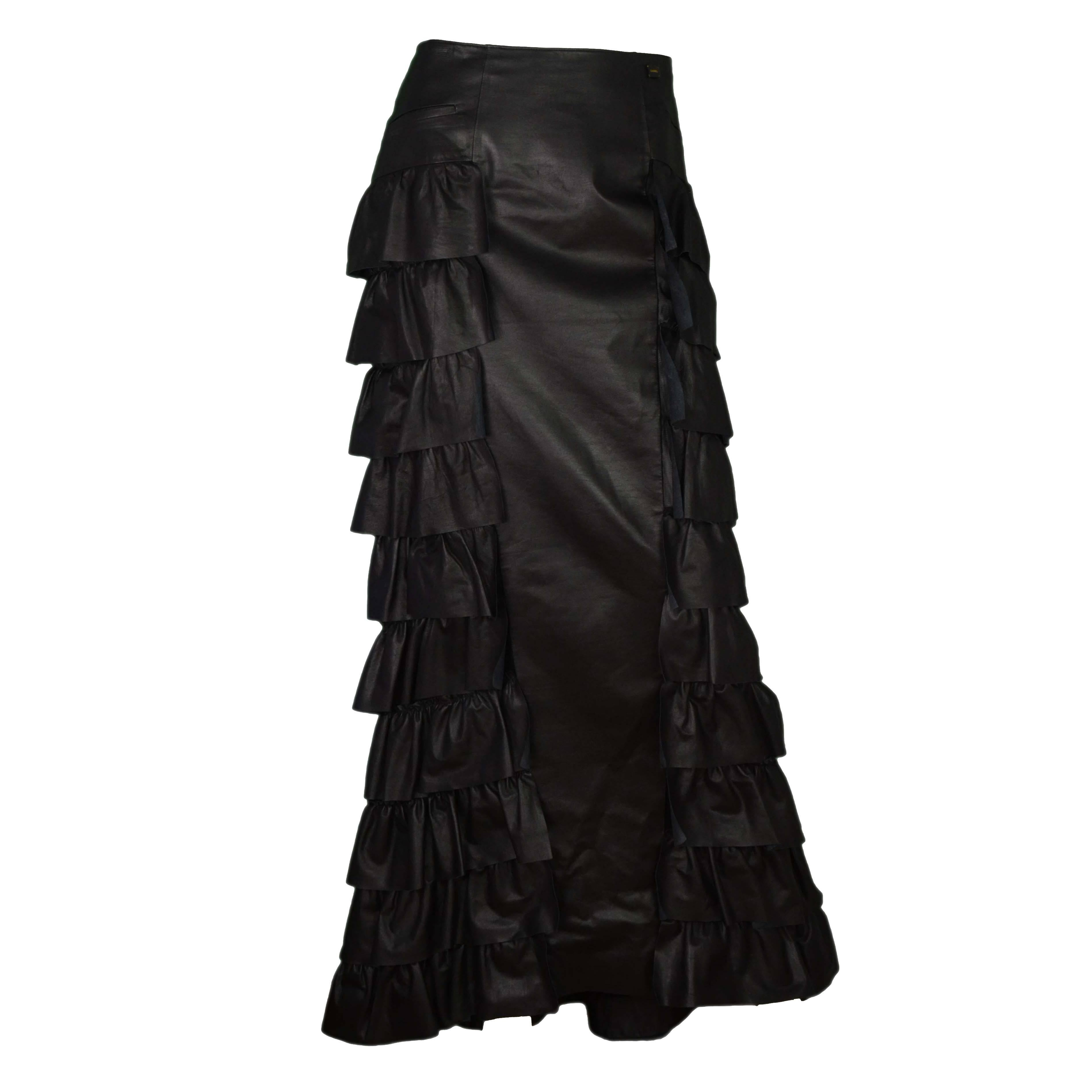 Chanel Black Leather Ruffle Floor Length Skirt sz 42