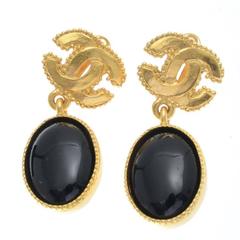 Chanel CC Gold Tone Black Glass Stone Earrings