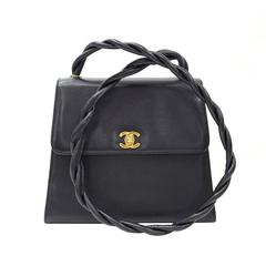 Vintage Chanel Black Caviar Leather Gold Hardware Braided Kelly Box Style Shoulder Bag