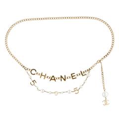 Chanel Gold Tone Pearl Logo Multi Strand Chain Waist Belt