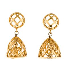 Chanel Gold Cage CC Dangle Drop Earrings