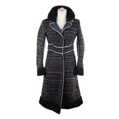ERMANNO SCERVINO Blue BOUCLE Wool Blend COAT w/ ASTRAKHAN Fur Inserts SZ 40