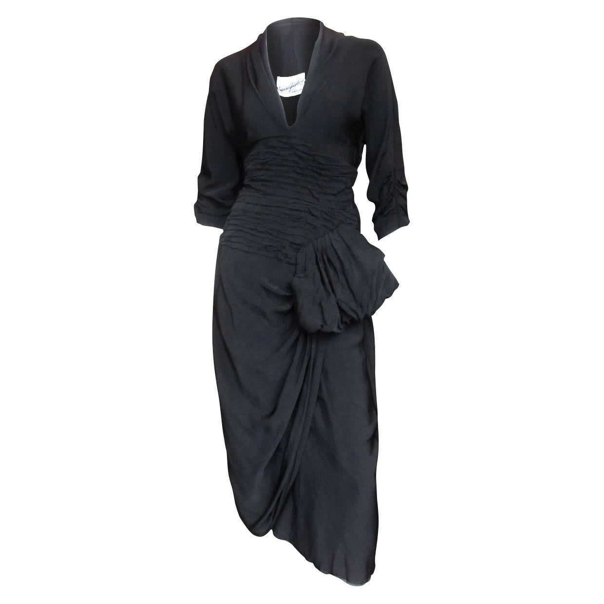 1940
s Seymour Jacobson Black Ruched Cocktail Dress For Sale