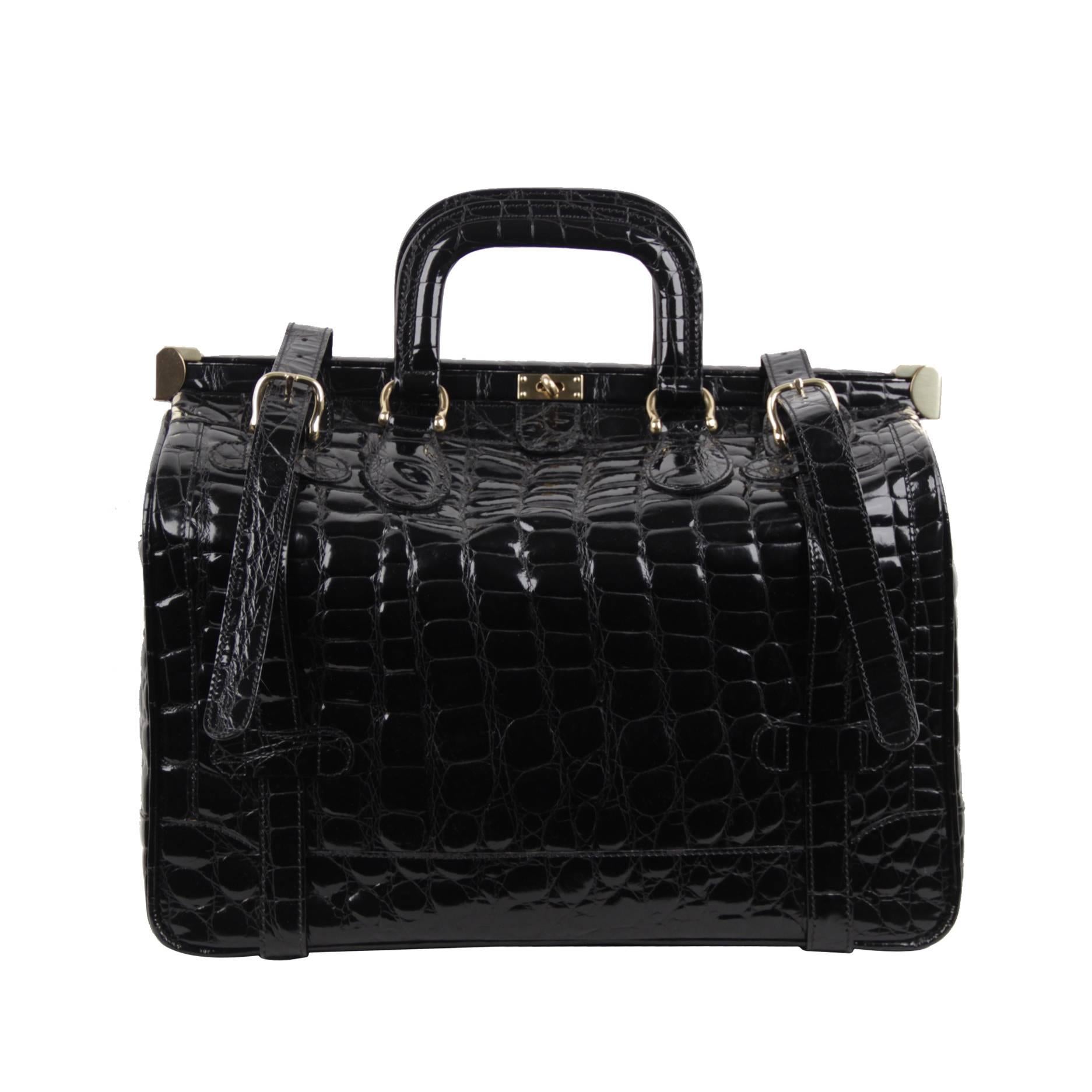 Aldo Raffa Italian Black Embossed Patent Leather Travel Bag Carry On Suitcase