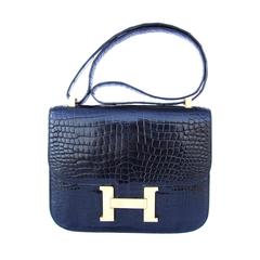 Vintage Hermes Constance H Flap Bag Black Shiny Crocodile Gold HDW 23 cm