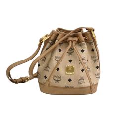 MCM Monogram Canvas Nude Logo Gold Hardware Drawstring Bucket Shoulder Bag